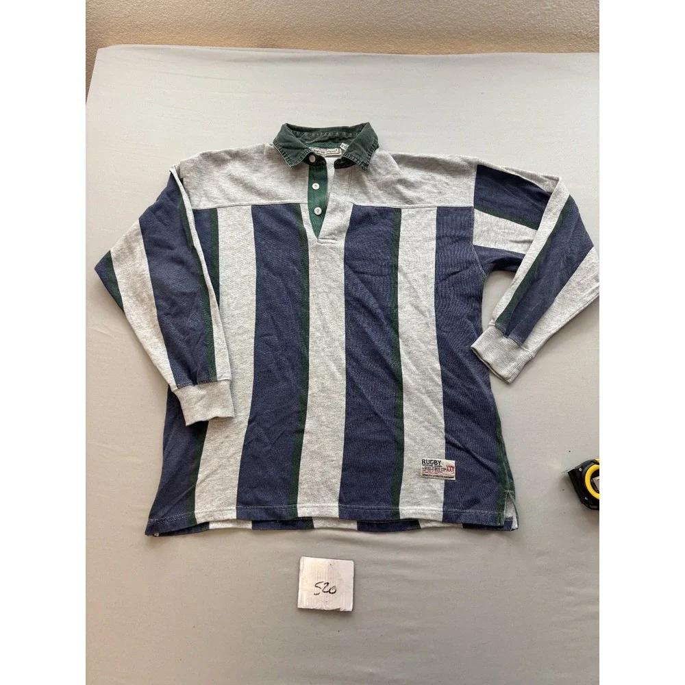 Bugle Boy Company Mens M Vintage Long Sleeve Rugby Polo Shirt Striped Gray Blue